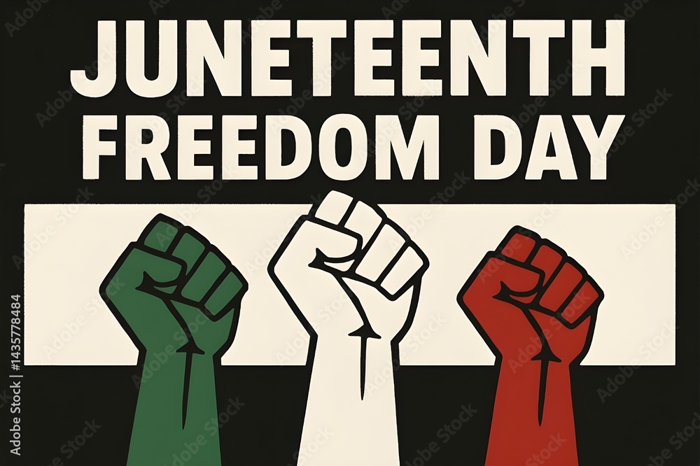 Juneteenth Freedom Day Poster with Raised Fists Symbolizing Unity, Empowerment, and Celebration of Emancipation (Juneteenth, Freedom, Liberty, Celebration, Unity, Empowerment, Justice, Equality, Indep Juneteenth Freedom Day Poster with Raised Fists Symbolizing Unity, Empowerment, and Celebration of Emancipation (Juneteenth, Freedom, Liberty, Celebration, Unity, Empowerment, Justice, Equality, Indep