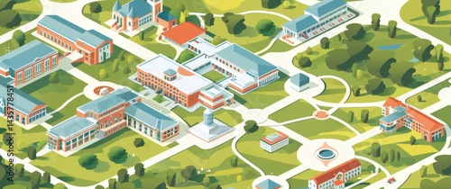 Flat design university campus map simplified buildings geometric pathways modern layout texture grain.