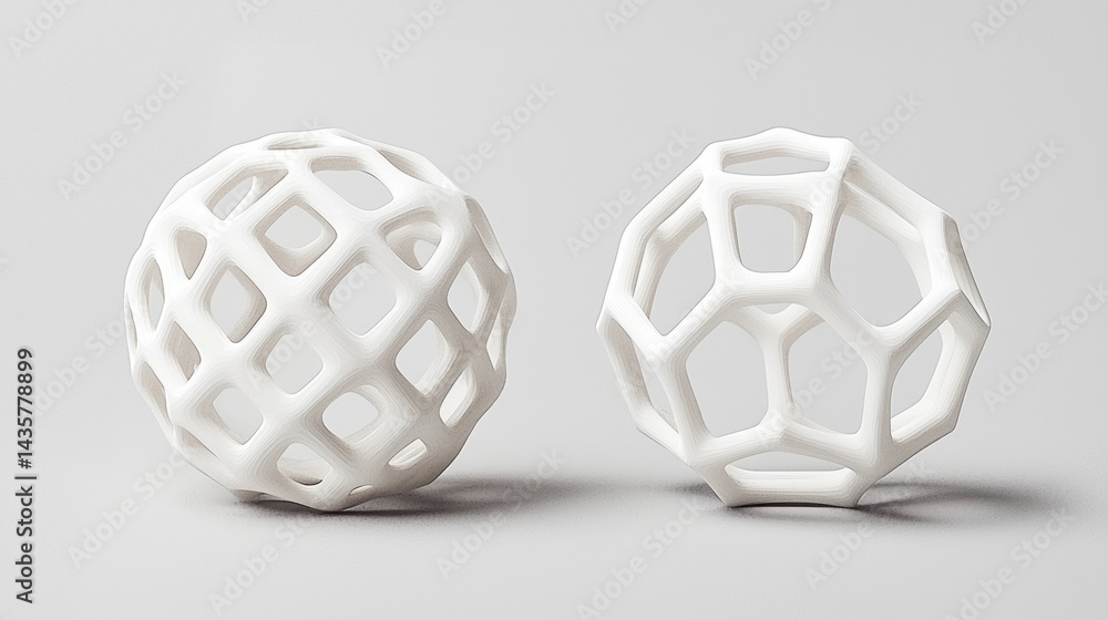 Two white geometric spheres with a lattice pattern. Two white geometric spheres with a lattice pattern.