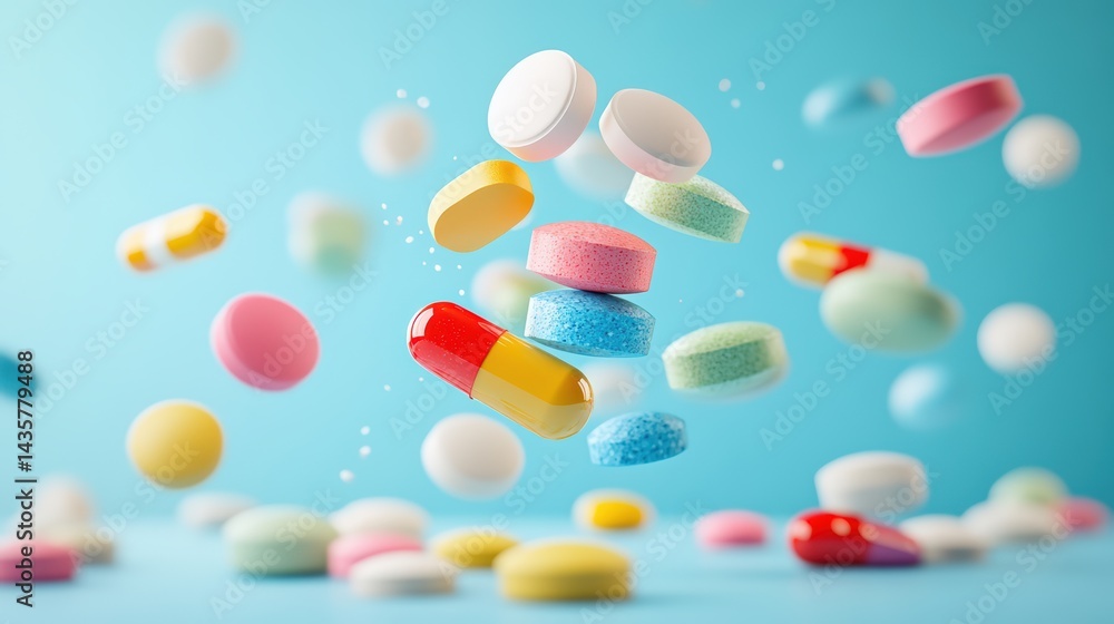 Colorful capsules and tablets against a light blue background Colorful capsules and tablets against a light blue background