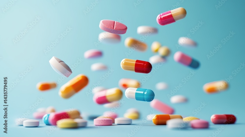Colorful capsules and tablets against a light blue background Colorful capsules and tablets against a light blue background