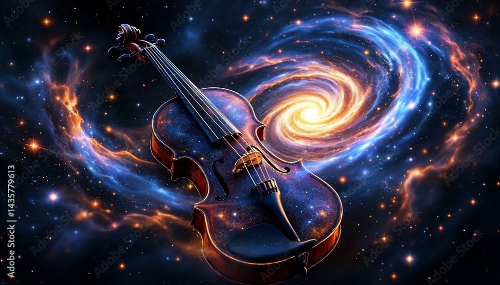 Fototapeta premium Celestial Symphony: A mesmerizing depiction of a violin amidst the radiant expanse of the cosmos, blending musical artistry with the wonders of the universe.