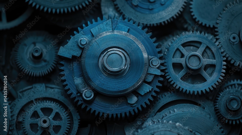 Highly detailed machine gears rotating in sync with belts for building precision tire parts