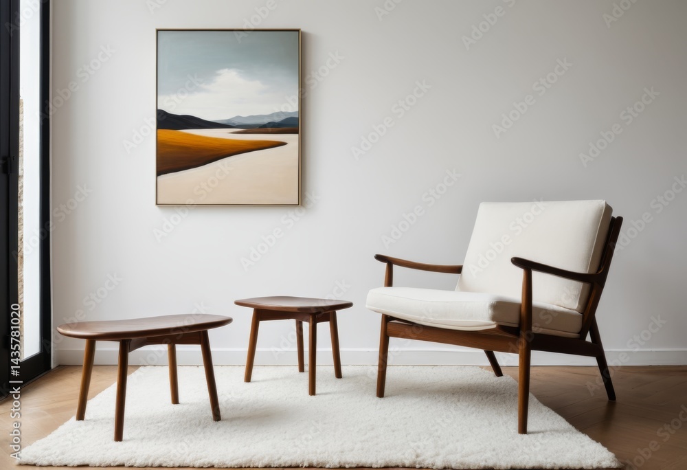 The room has a chair and a table with a painting on the wall The room has a chair and a table with a painting on the wall