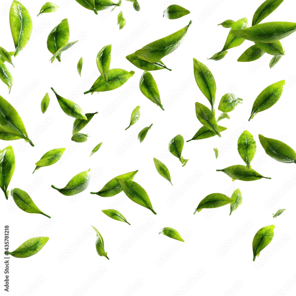 Fresh green leaves scattered on a white surface. Fresh green leaves scattered on a white surface.