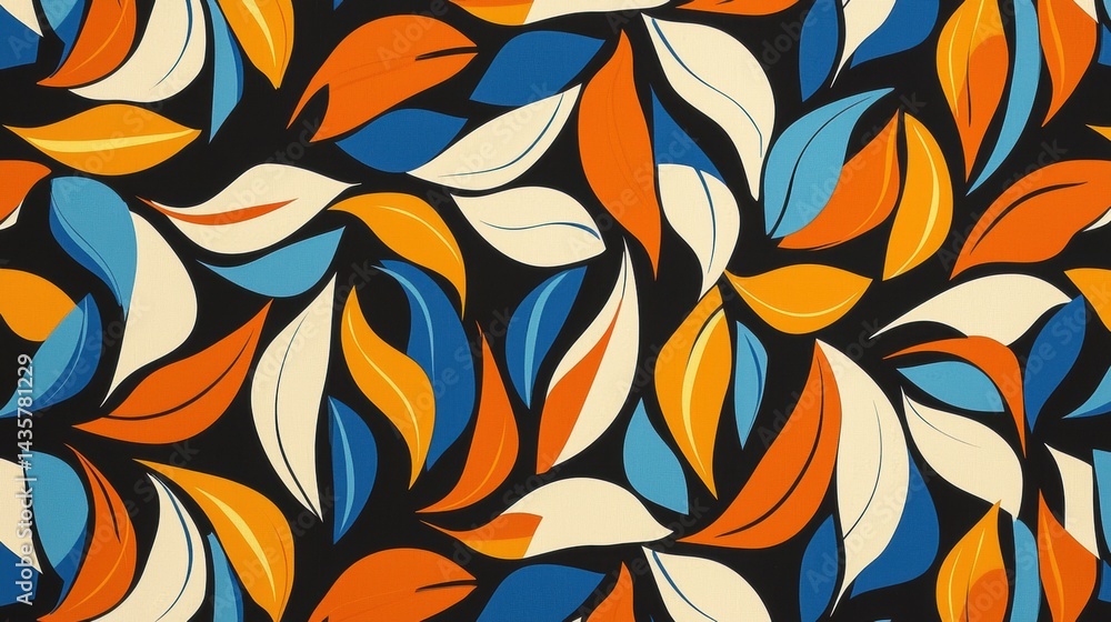 A vibrant abstract pattern of overlapping leaves in orange, blue, and white. A vibrant abstract pattern of overlapping leaves in orange, blue, and white.