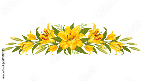 Floral decorative design element, vignette with yellow tiger lily flowers. Decor, floral composition with daylily, flowers, leaves and buds isolated on a white background. Vector illustration