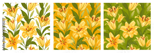 Set of seamless pattern with yellow tiger lily flowers, leaves and buds isolated on white, yellow and green background. Wallpaper with lilies. Cute floral botanical decoration. Vector illustration