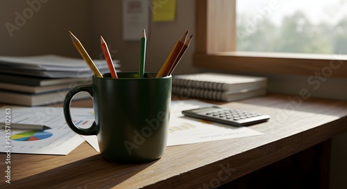 Wallpaper Mural Office desk workspace with pencils in mug calculator and business charts for productivity and organization Torontodigital.ca