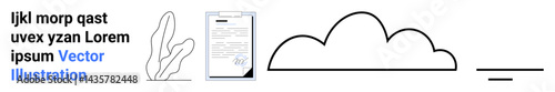 Text layout, clipboard with document, leaf outline, abstract cloud, horizontal line. Ideal for education, design, organization, creativity modern aesthetics minimalism simple landing page