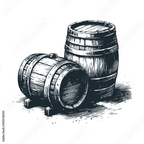 Two drums barrel. Black white vector illustration.