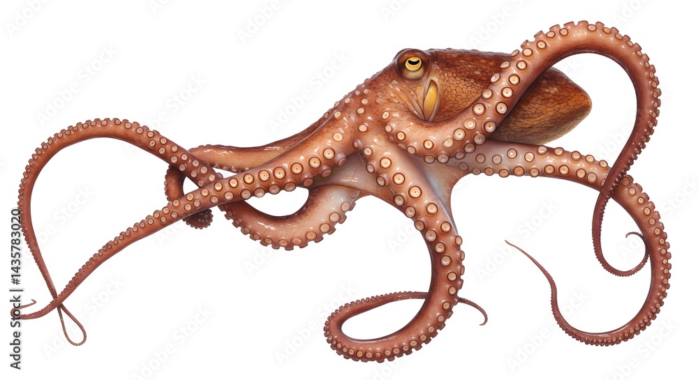 Isolated brown octopus illustration with tentacles on white background marine life concept art Isolated brown octopus illustration with tentacles on white background marine life concept art