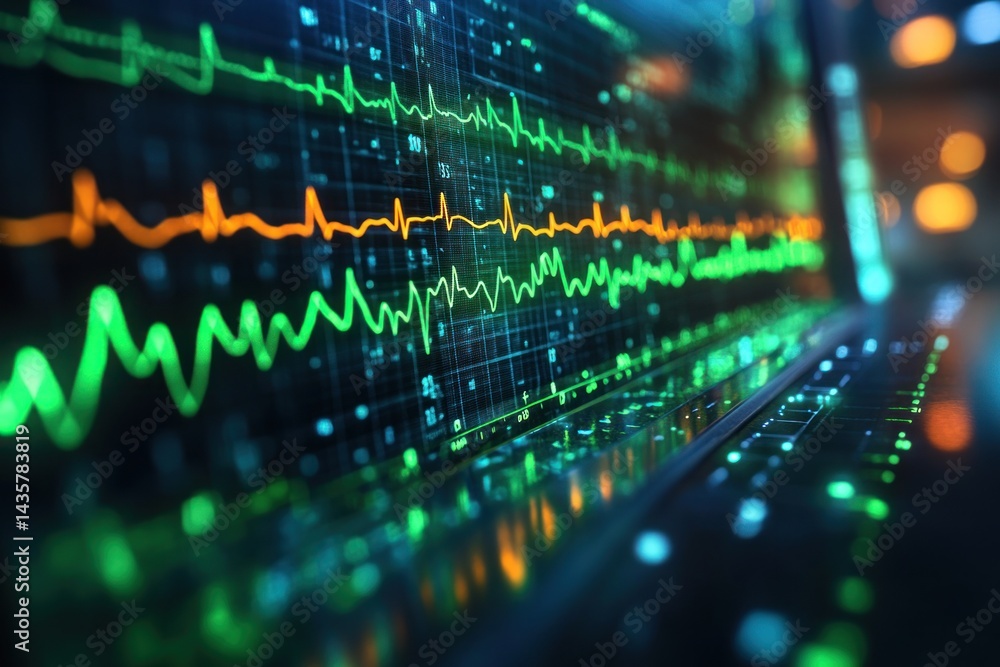 Close-up view of complex digital medical monitor display. Close-up view of complex digital medical monitor display.