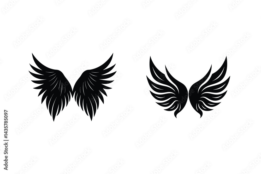 Two Pairs Of Black Wings Silhouette Isolated On White Background Decorative Elements Two Pairs Of Black Wings Silhouette Isolated On White Background Decorative Elements