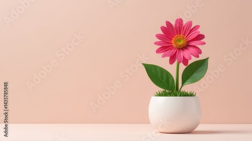 Wallpaper Mural Single pink daisy flower in white pot with green leaves on pastel background, minimalistic.. Torontodigital.ca