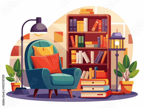 A high-quality vector of a cozy reading nook with a comfy chair, bookshelf, and warm lamp, isolated on a white background