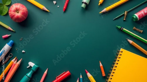 Colorful school supplies and apple on green background in creative flat lay composition.