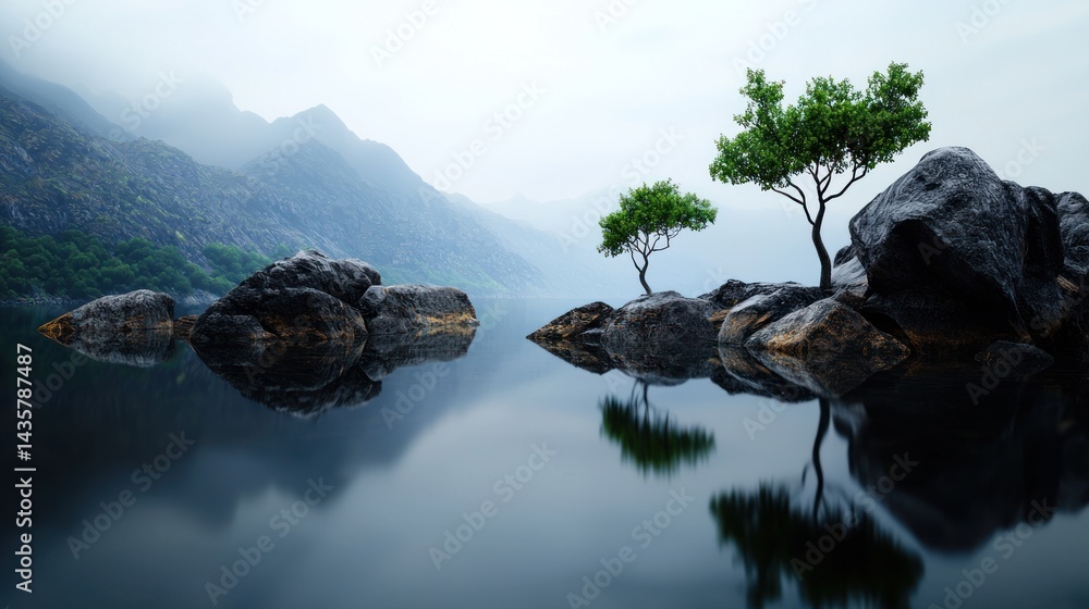Fototapeta premium Misty mountain lake, tranquil scene, trees on rocks, calm water reflections