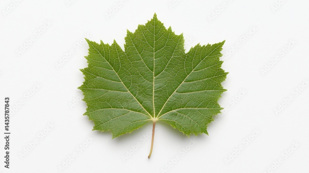 A single green leaf with a stem and serrated edges. A single green leaf with a stem and serrated edges.