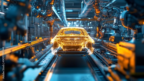 A futuristic car is being built in a factory. The car is made of metal and has a sleek, modern design. The factory is filled with machines and workers, all focused on creating the perfect car