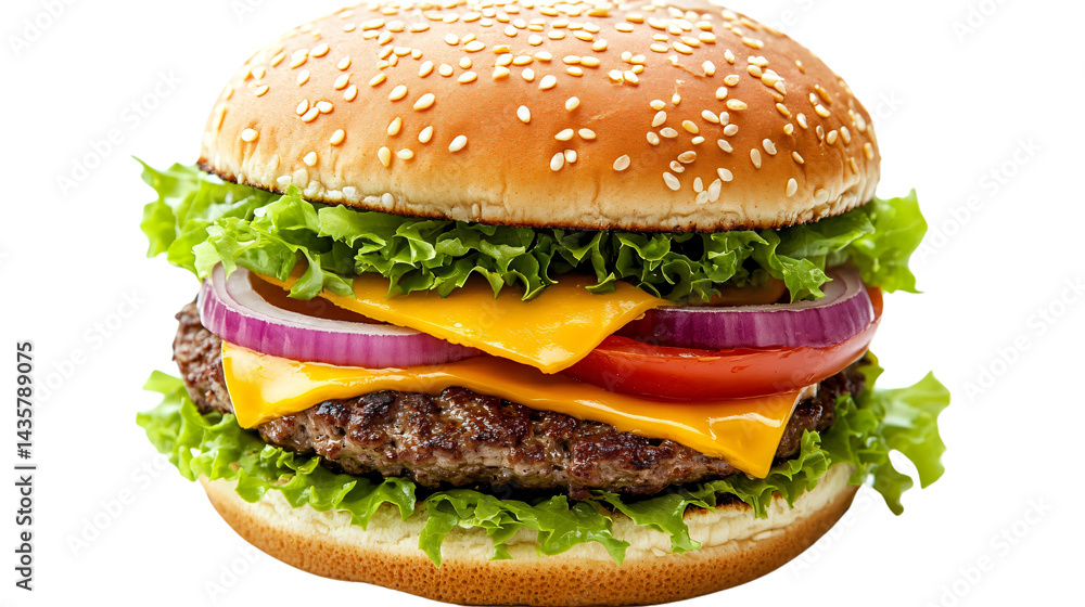 Delicious Big Cheese Burger with Fresh Tomato, Lettuce, and Red Onion - Isolated on White Background Delicious Big Cheese Burger with Fresh Tomato, Lettuce, and Red Onion - Isolated on White Background