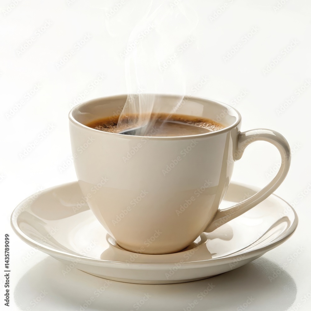 Fototapeta premium Steaming coffee cup on a saucer against a light background.