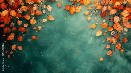 Autumn leaves on teal background  Falling leaves frame textured surface