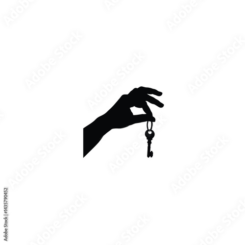 Hand holding up key silhouette on white background