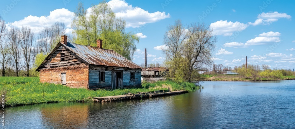 Obraz premium An old wooden cottage reflects in the still lake water near the river, a peaceful countryside home nestled in nature's summer landscape