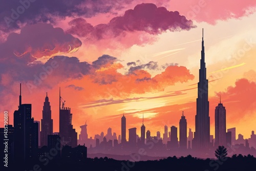 Dubai Skyline at Sunset: A Vibrant Cityscape Illustration