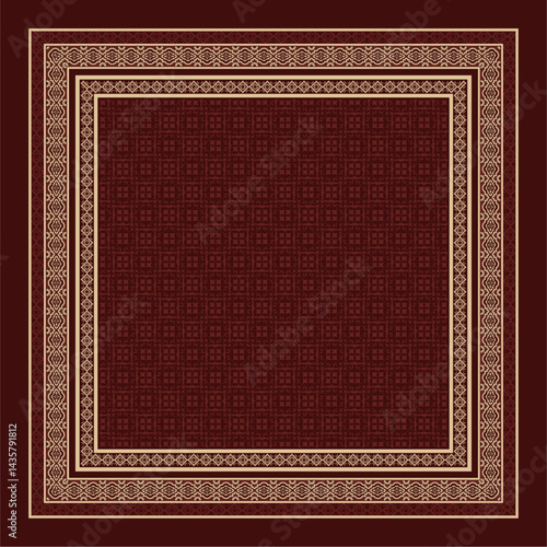 This minimalist ethnic hijab scarf design features a geometric border with traditional patterns in an elegant maroon and gold color scheme. Perfect for fashion-conscious women, the square layout makes