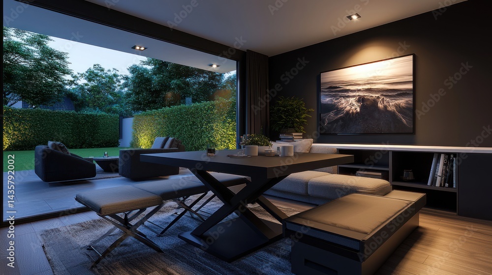 Fototapeta premium Modern open-plan living area, evening, garden view, interior design
