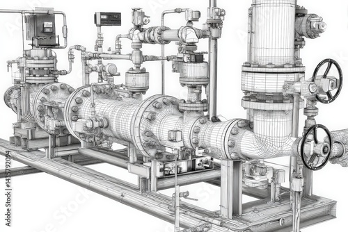 Obraz na płótnie 3D Wireframe Model of Industrial Pumping System with Valves and Gauges w salonie
