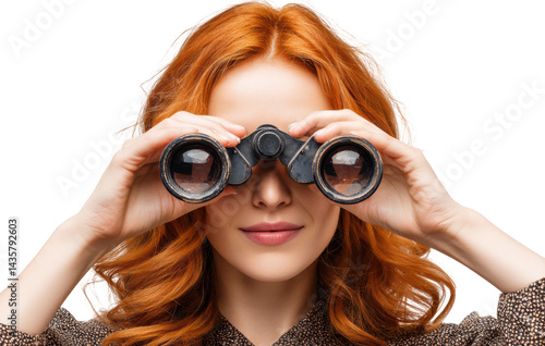 Woman observing through binoculars outdoors.
