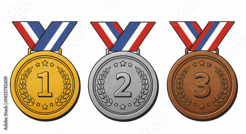A bold, cartoonish digital illustration depicting three circular medals arranged horizontally against a white background. The medals are gold, silver, and bronze. Vector Illustration