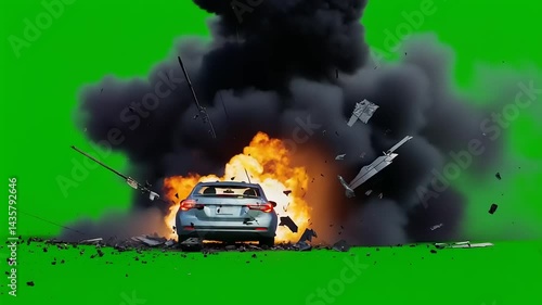 Car engulfed in fiery explosion, debris scattered