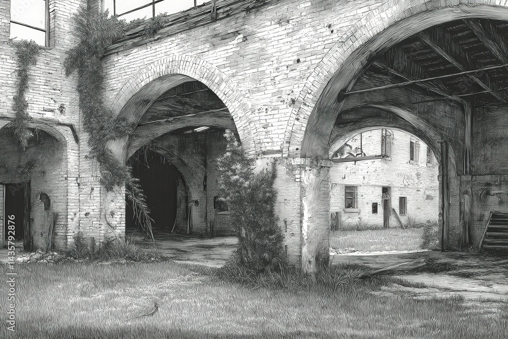 Abandoned Industrial Building with Arches and Overgrown Vegetation Abandoned Industrial Building with Arches and Overgrown Vegetation