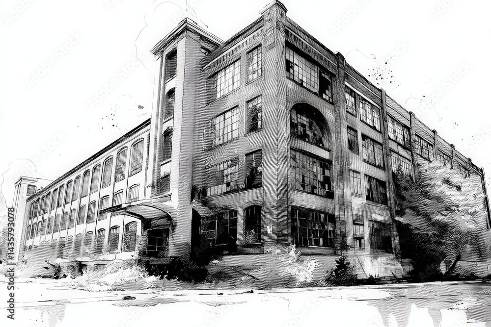 Abandoned Industrial Building with Large Windows in Black and White
