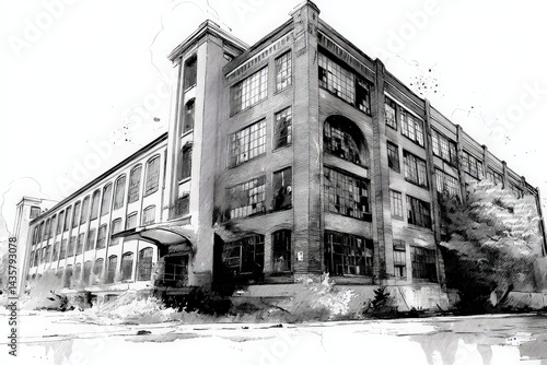 Abandoned Industrial Building with Large Windows in Black and White