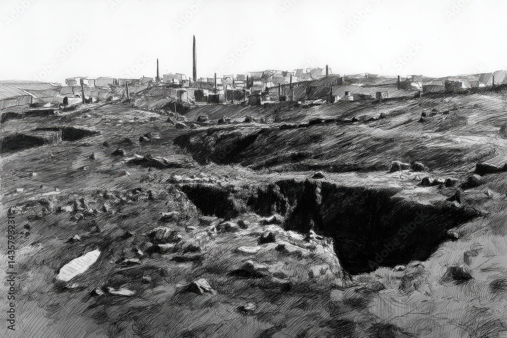 Abandoned Landscape with Excavation and Distant Structures