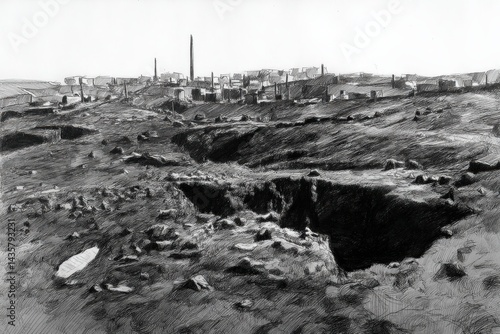 Obraz na płótnie Abandoned Landscape with Excavation and Distant Structures w salonie