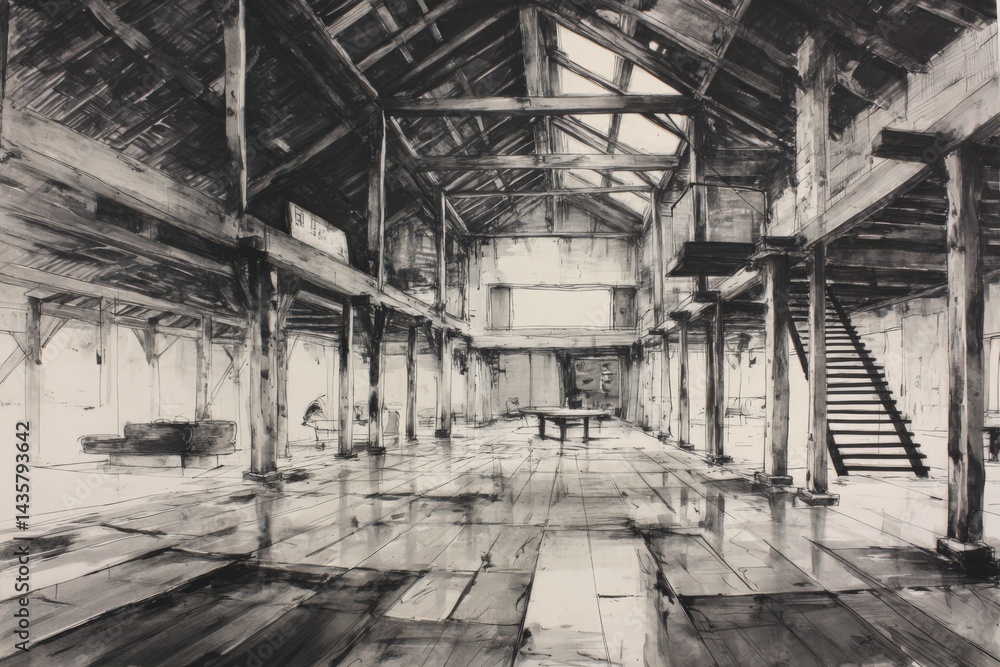 Abandoned Warehouse Interior with Rustic Architecture and Natural Light