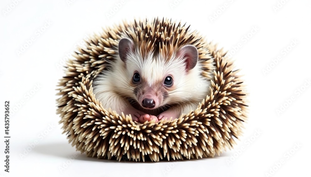 Obraz premium Tiny hedgehog curled in a ball, isolated on pure white background, adorable, fauna
