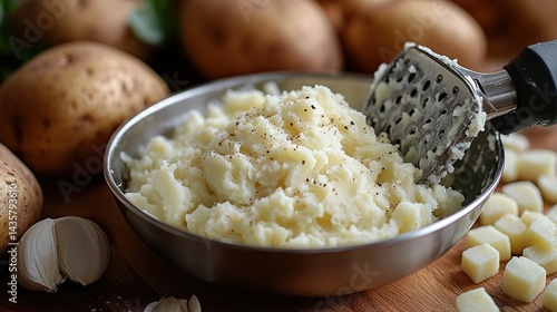 Creamy mashed potatoes in a metal bowl