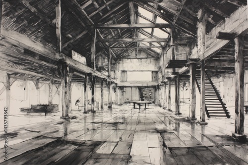 Obraz na płótnie Abandoned Warehouse Interior with Rustic Architecture and Natural Light w salonie