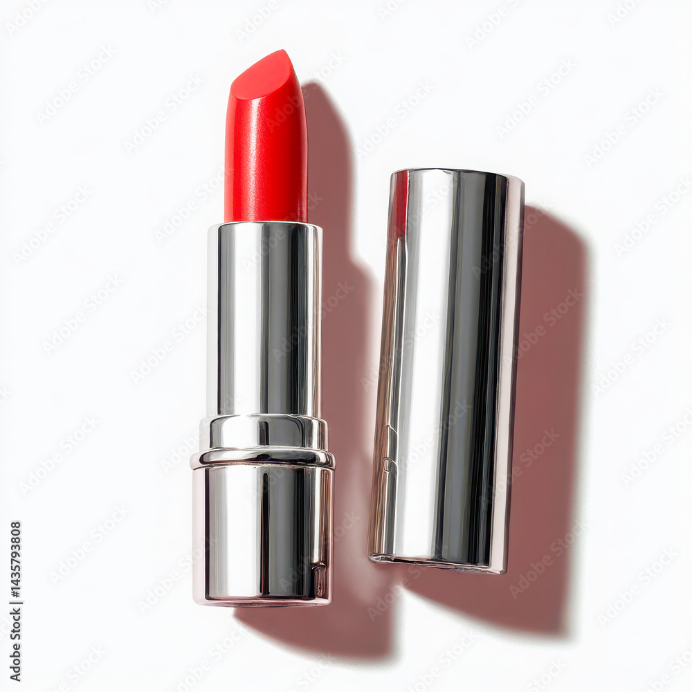 Obraz premium Red lipstick with silver case open on white background