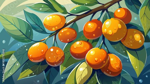 A cluster of kumquats on the branch, with raindrops glistening under soft natural light