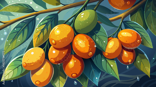 A cluster of kumquats on the branch, with raindrops glistening under soft natural light