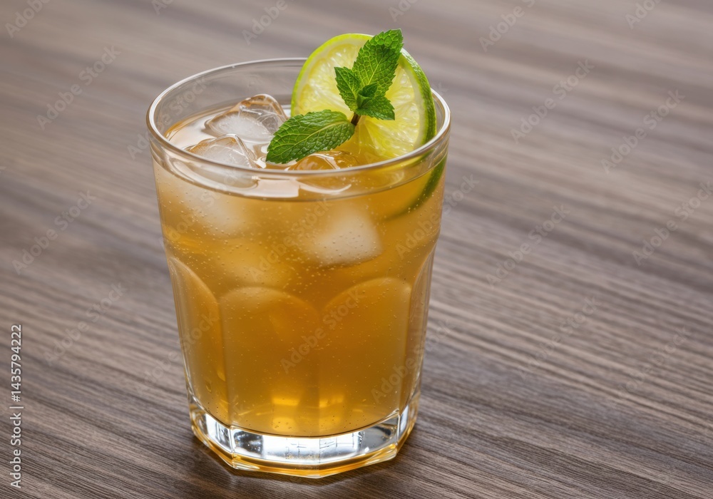 Refreshing drink with ice, lime and mint on wooden table Refreshing drink with ice, lime and mint on wooden table