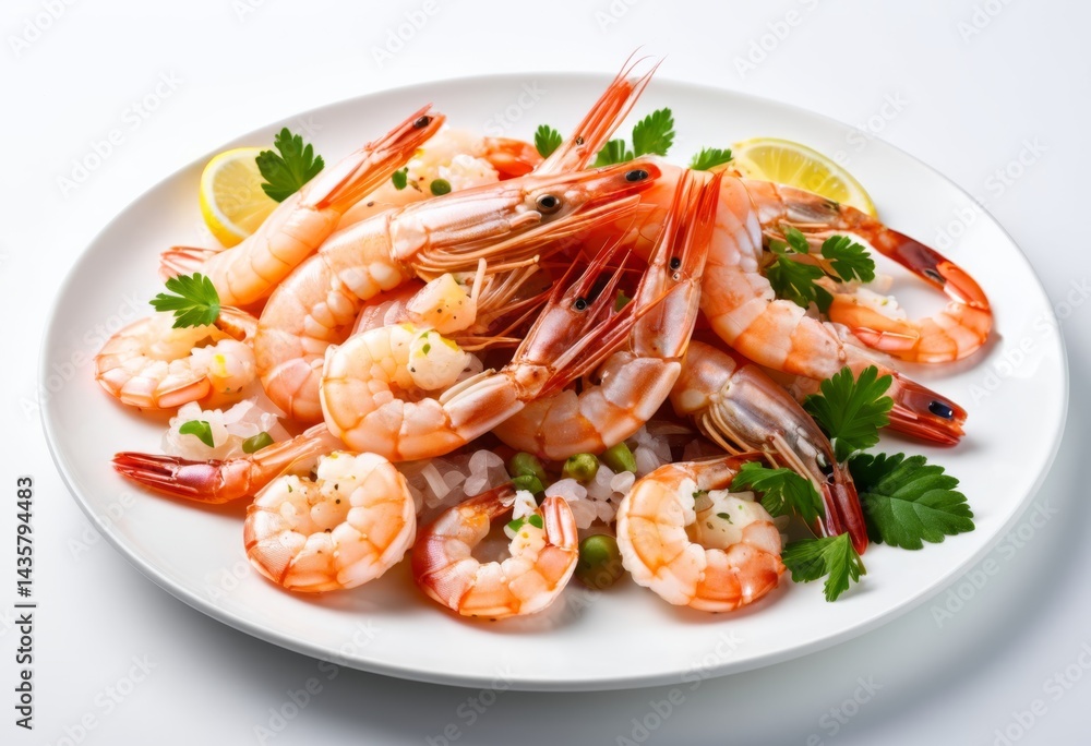 The white table has a plate of shrimp and lemon The white table has a plate of shrimp and lemon